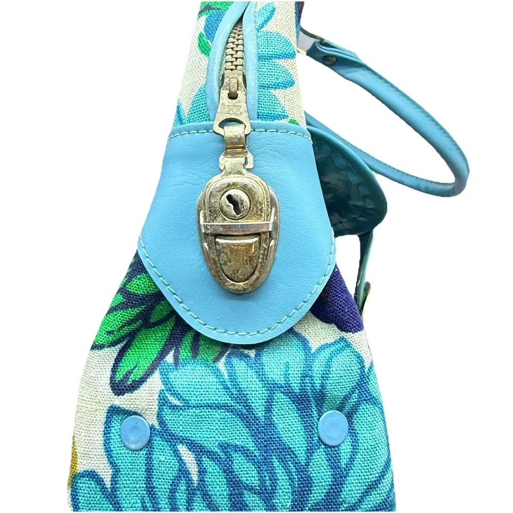 Rare Vintage 1960s Japanese Mod Floral Bowling Bag Embossed Turquoise Canvas